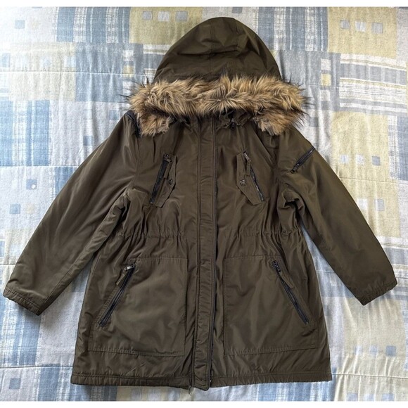 Steve Madden Faux Fur Hoodie Snow Winter Jacket Rain Parka Women's Sz 2X - Picture 1 of 16